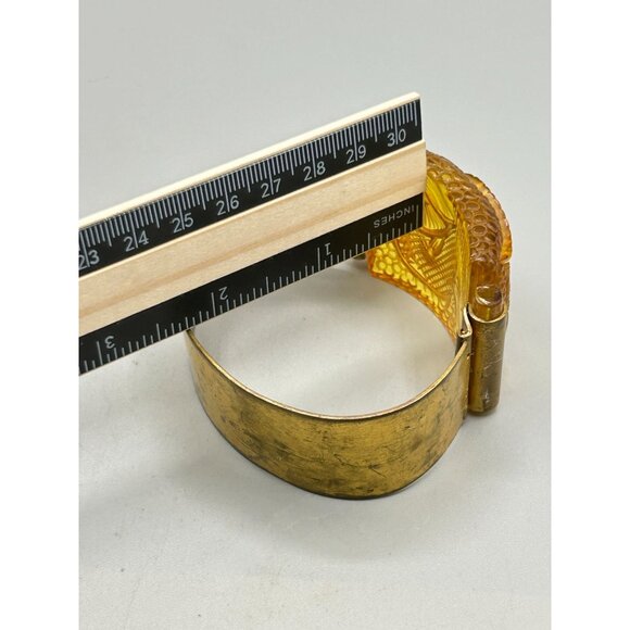 Vtg French Prystal Bakelite Carved Fish Bracelet Hinged Wide Brass Band Art Deco - Picture 11 of 13